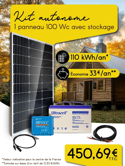 Kit autonome 1 panneau 100 Wc avec stockage. 110 kWh/an (valeur indicative pour le centre de la France) ; Économie 33 €/an (estimée)sur base d’un tarif de 0,30 €/kWh. Kit au prix de: 450,69 € T.T.C.
